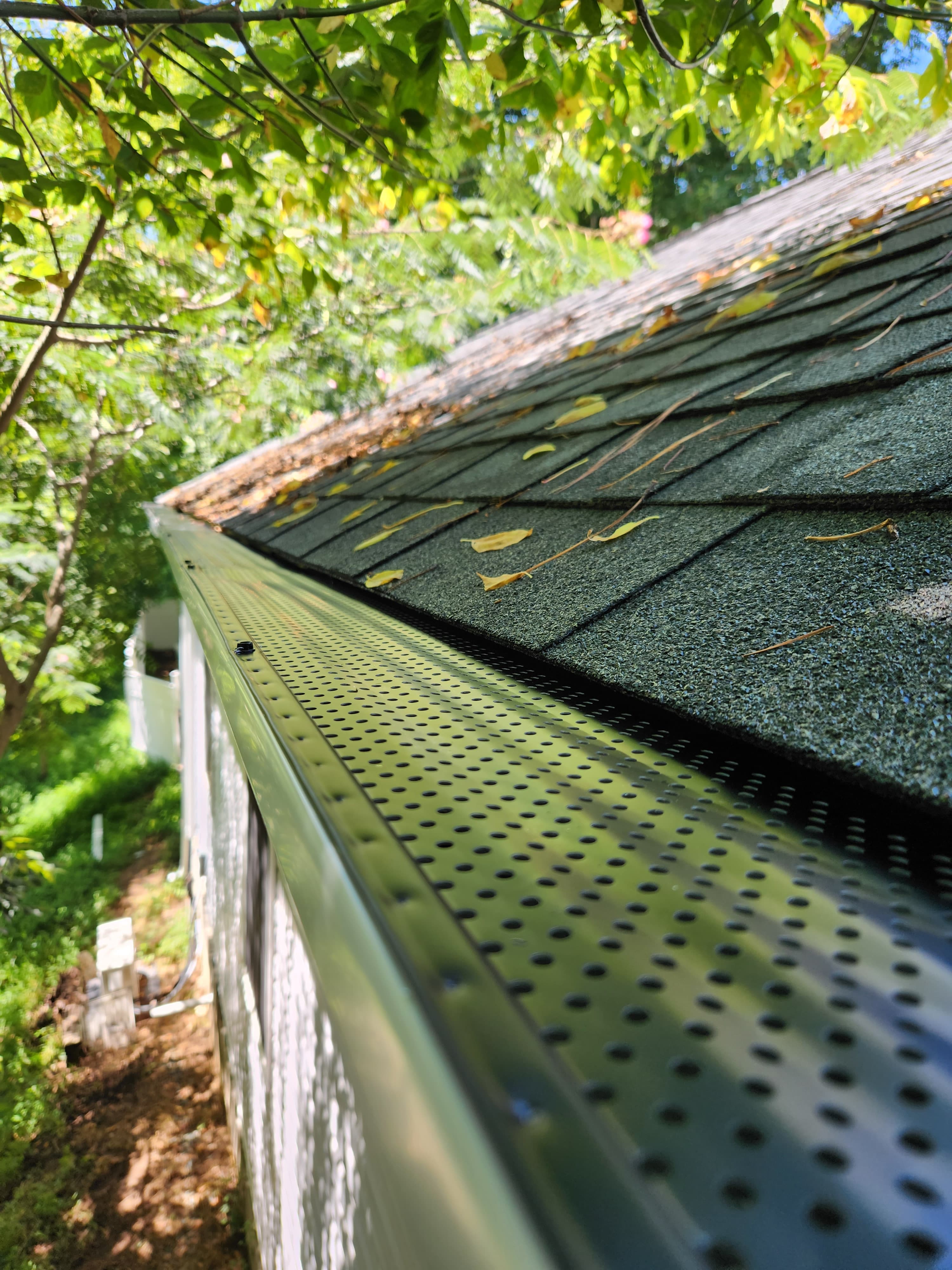 Perforated aluminum gutter guard installed on shingle roof