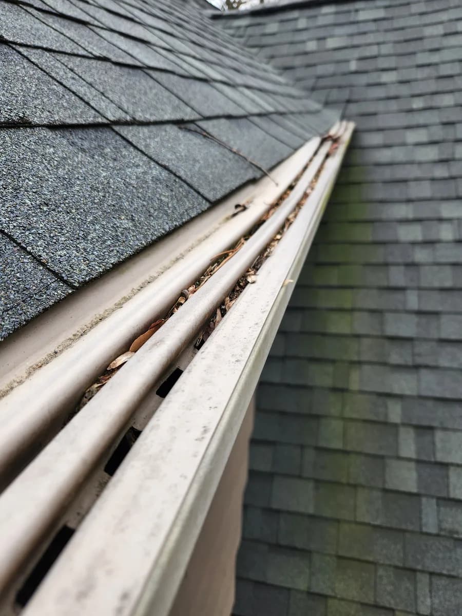 Weathered white plastic gutter guards installed along a roofline in Alamance County NC, panel slots packed with debris and surfaces stained from years of sun and rain