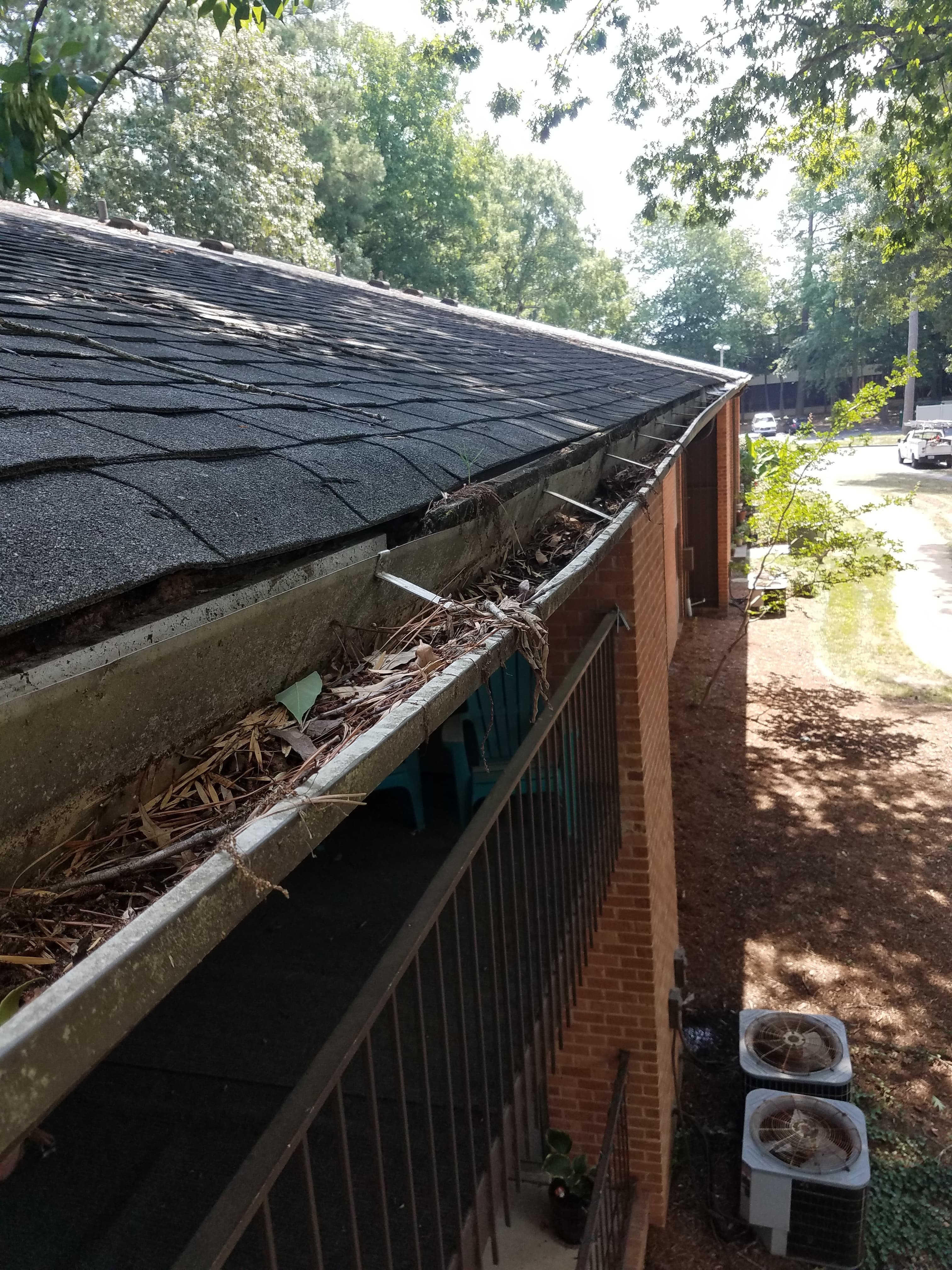 Gutter packed with leaves and organic debris on a home in Alamance County NC
