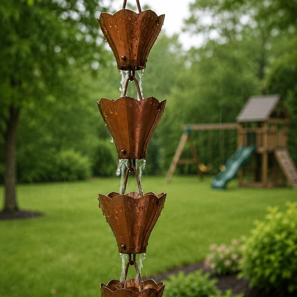 Copper cup-style rain chain actively flowing during a rainstorm in a residential backyard, water cascading from cup to cup