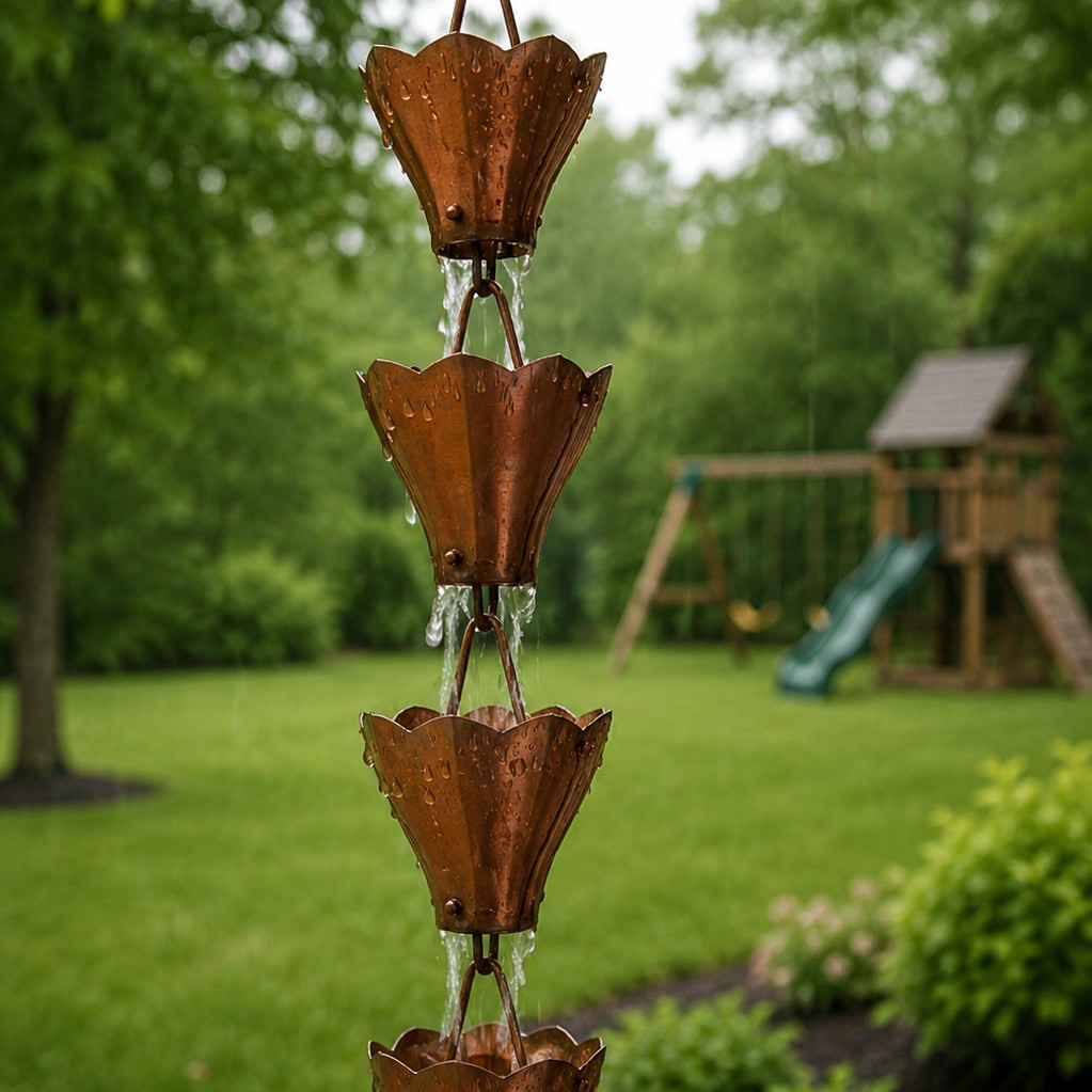 Copper cup-style rain chain actively flowing during a rainstorm in a residential backyard, water cascading from cup to cup