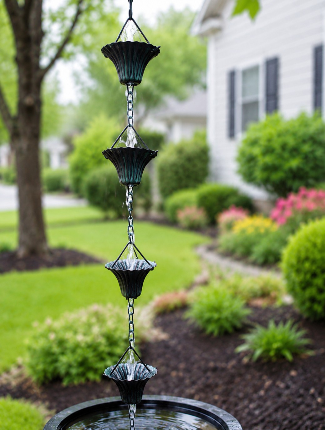 Close-up of a cup-style rain chain with dark patina finish showing the connected bowls that guide water during rainfall